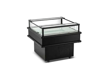 Refrigerated island display case designed for optimal food visibility and safety in retail environments.