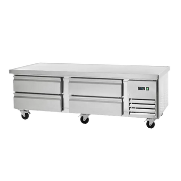 Stainless steel energy-efficient chef base refrigerators with drawers, ideal for commercial kitchens.