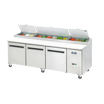 Commercial pizza prep tables featuring a stainless steel design with refrigerated storage and colorful ingredient bins.