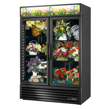 Commercial floral refrigerators for freshness showcasing vibrant floral arrangements in glass door display.