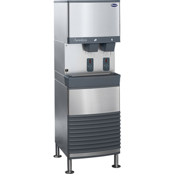Upright ice dispenser for hotels with dual dispensing options and stainless steel design.