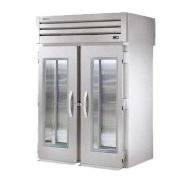 Commercial roll-in refrigerators for bakeries with stainless steel construction and double glass doors.