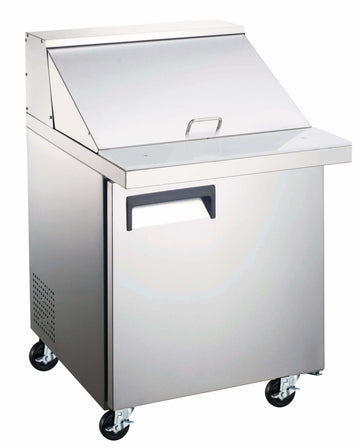Mega top prep table for efficient kitchens with stainless steel finish and wheeled base.