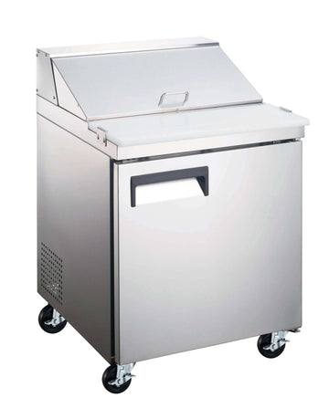 Stainless steel salad and sandwich prep table with wheels for easy mobility and efficient food preparation.