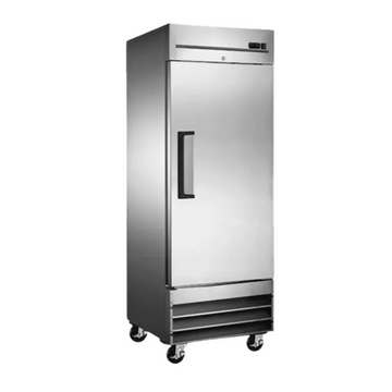 Durable solid door commercial freezers with stainless steel exterior and wheels for easy mobility.