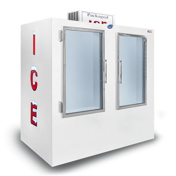 Indoor ice merchandisers for retail with glass doors for displaying bagged ice.