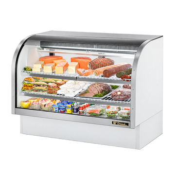 Commercial deli display cases showcasing various meats, cheeses, and food items with bright LED lighting.