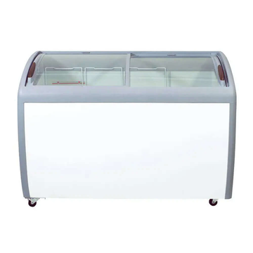 Curved glass top chest freezer with clear visibility for ice cream and frozen specialties.