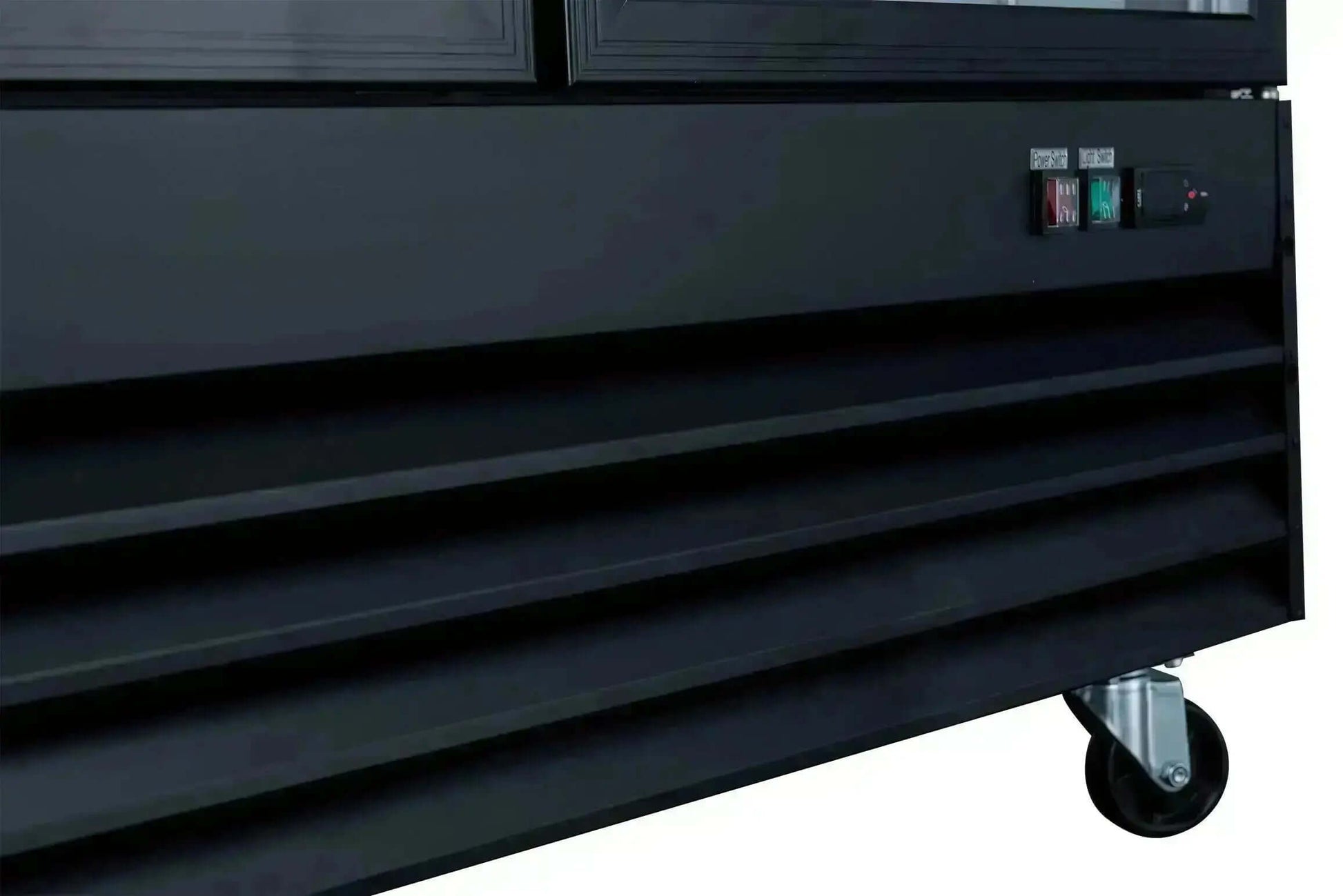 Close-up view of the control panel and base of the D648BMF-HC glass door freezer, highlighting functionality and design.