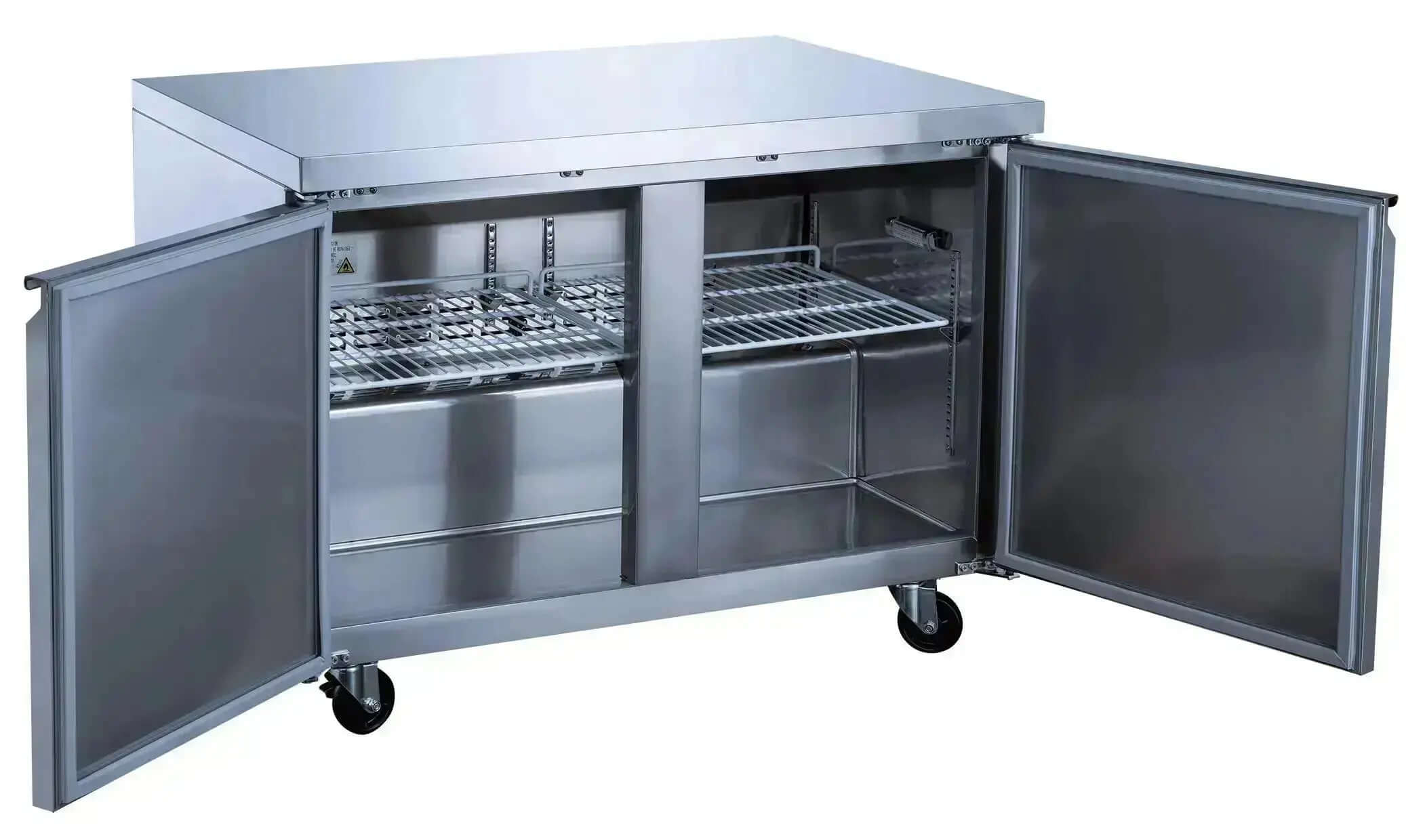 UUC36R Two Solid Door Under Counter Cooler - 36 inch under counter cooler with open doors and shelves.