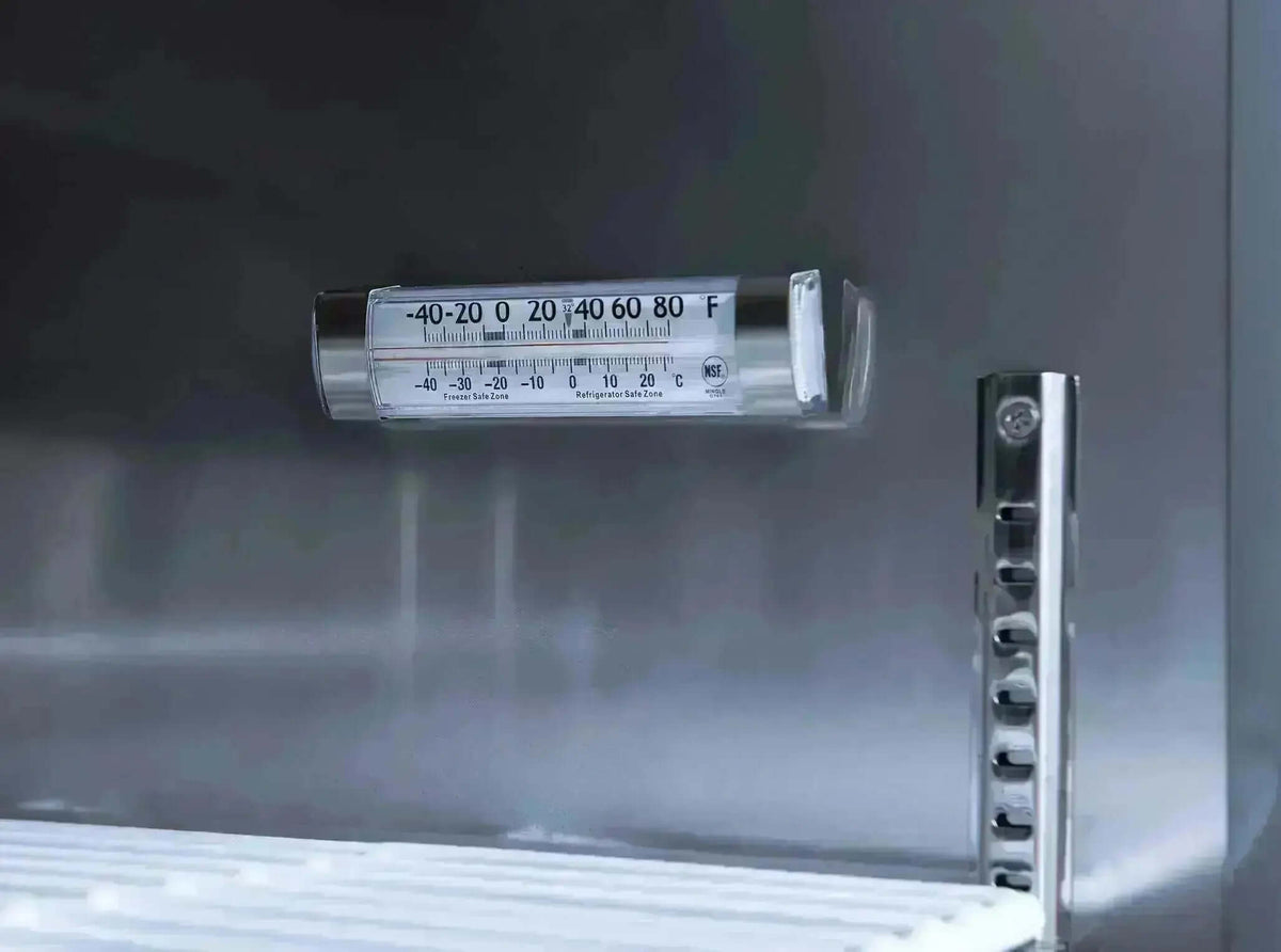 Temperature gauge in a commercial freezer, ensuring optimal conditions for the single glass door freezer.