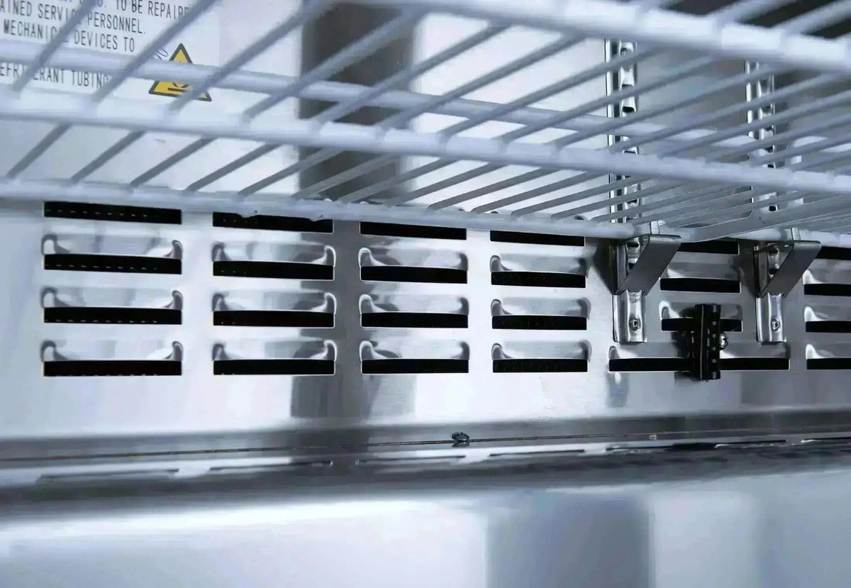 Interior view of the SCLM1 Refrigerated Mega Top Prep Table showcasing the shelving and ventilation features.