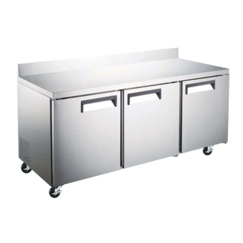 EFI CWDR3-72VCX stainless steel refrigerated worktop counter with three doors and a durable work surface.