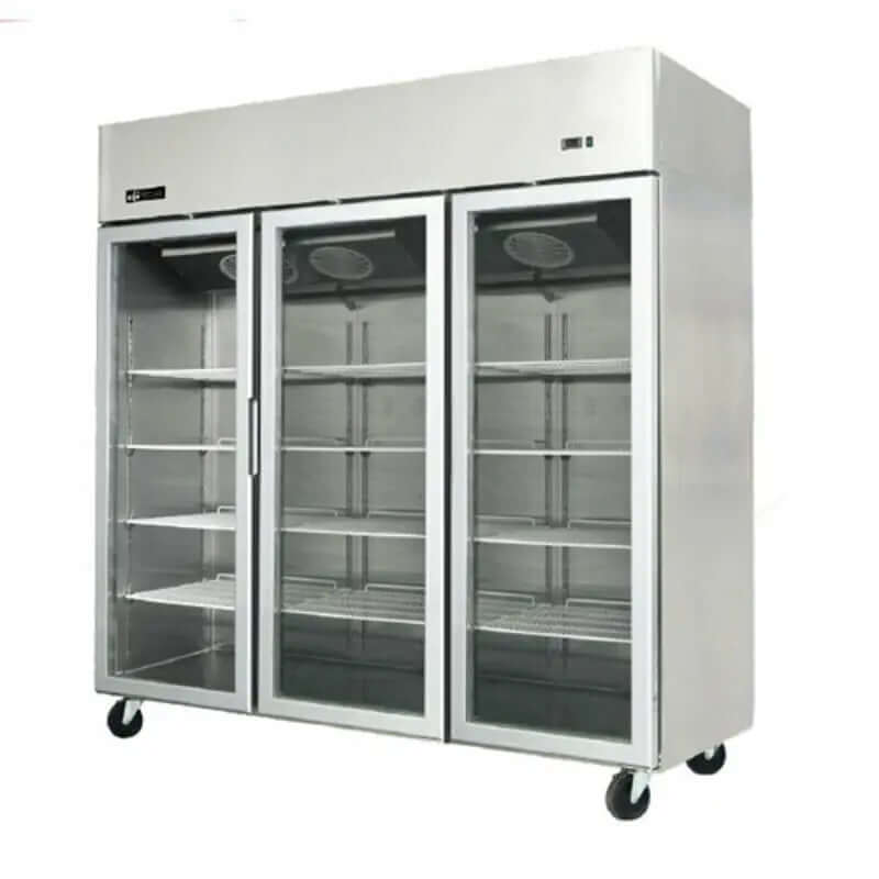 EFI F3-78GDSVC commercial glass door freezer with triple glass doors and adjustable shelves.