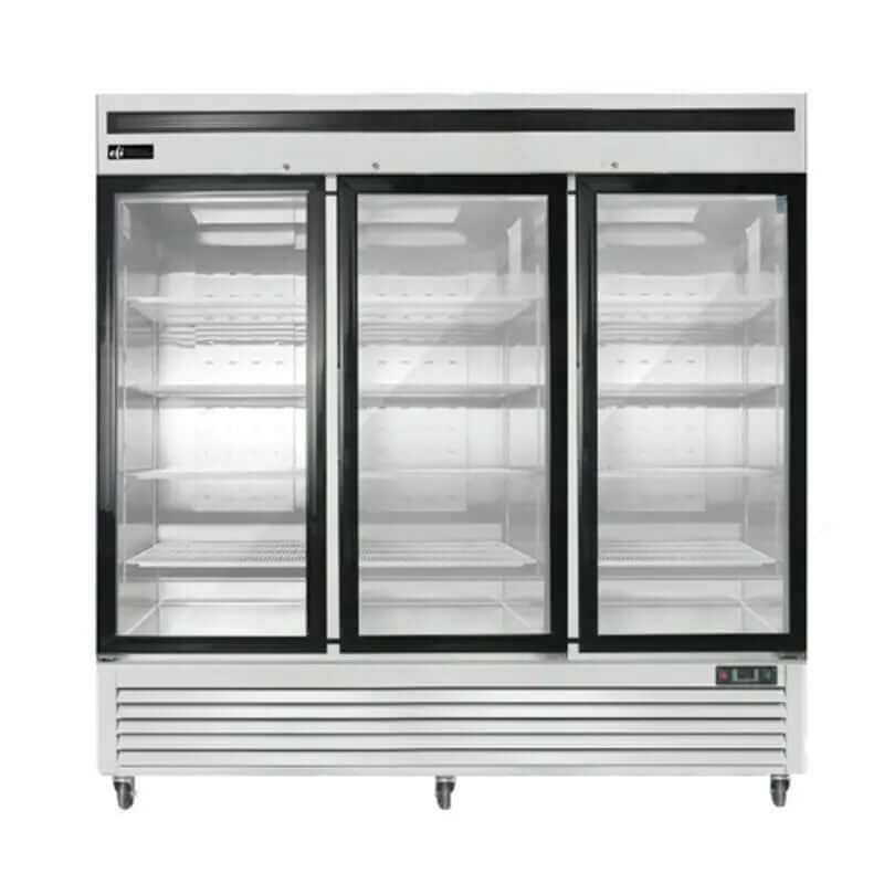 EFI F3-82GDSVC commercial glass door freezer with three glass doors for enhanced product visibility.