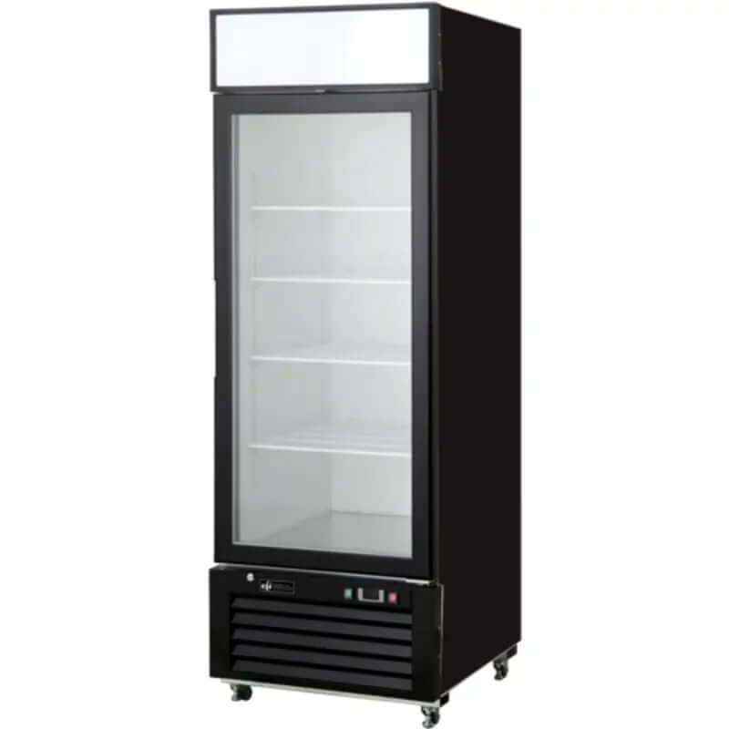 EFI FI1-27GDVC 27" Black Glass Door Commercial Ice Cream Freezer for displaying frozen desserts.