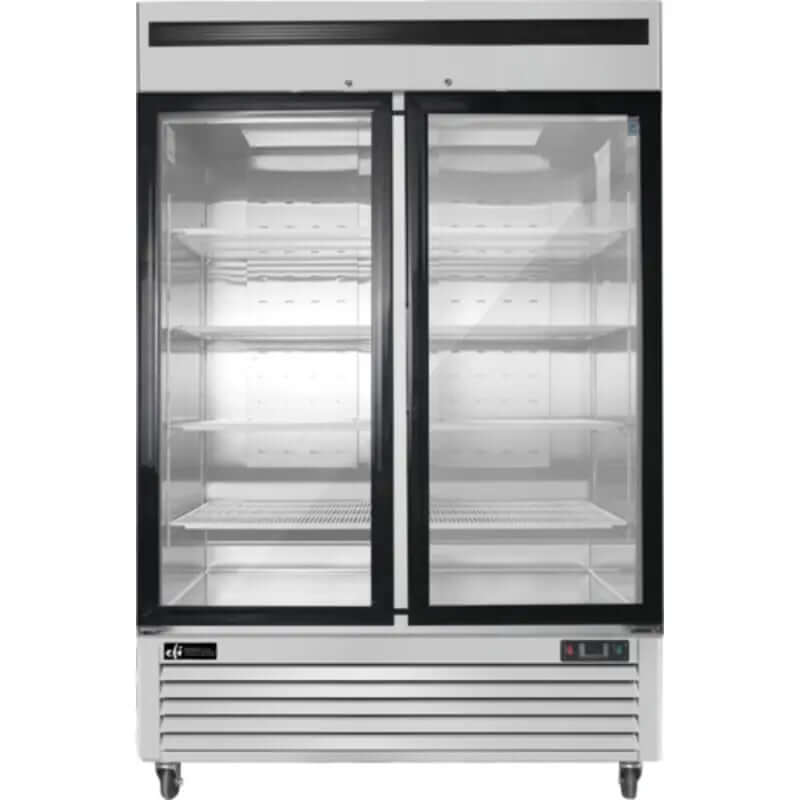 EFI FI2-54GDSVC commercial stainless steel display freezer with two glass doors and stainless steel exterior.