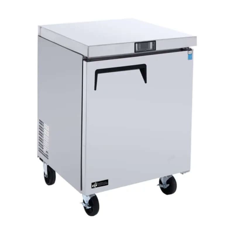 EFI FUDR1-27VC-R commercial undercounter freezer with stainless steel design and rolling wheels.