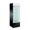 27-inch black commercial glass freezer showcasing its sleek design and spacious shelving for optimal product storage.