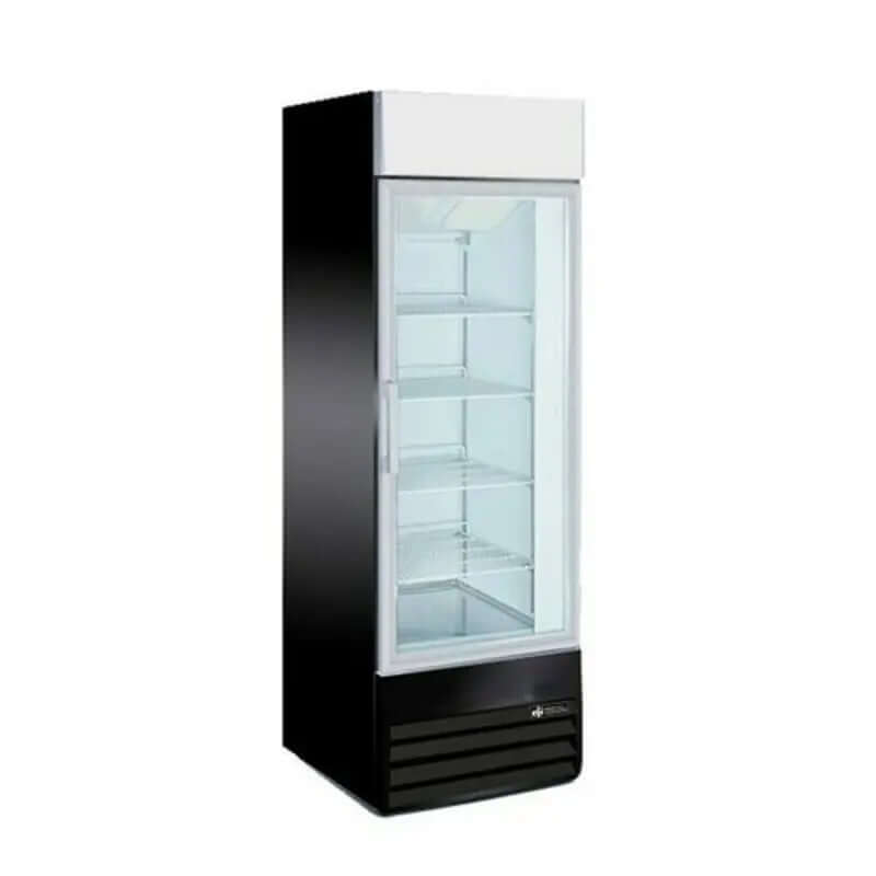 27-inch black commercial glass freezer showcasing its sleek design and spacious shelving for optimal product storage.