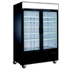 EFI X-Line 54-inch Glass 2-Door Black Commercial Display Freezer showcasing frozen goods in a retail environment.