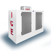 Leer L100UASP 94-Inch Outdoor Ice Merchandiser with Packaged Ice signage and dual metal doors.