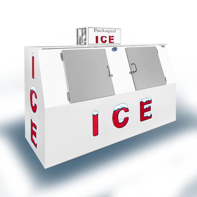 Leer L075SCSP Outdoor Slant Front Ice Merchandiser for Packaged Ice Storage and Accessibility.