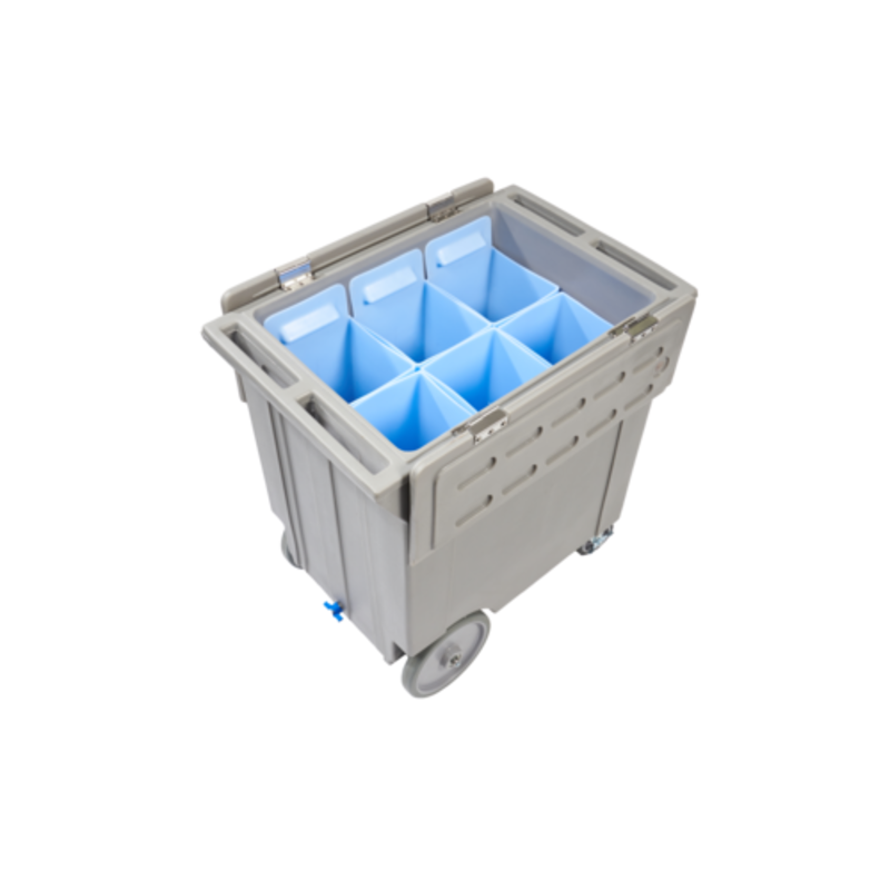 Manitowoc mobile ice cart for LBCS1360 showcasing a gray cart with blue dividers for efficient ice transport.