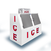 Leer L060SASP Outdoor Ice Merchandiser with a slant front and Packaged Ice signage.