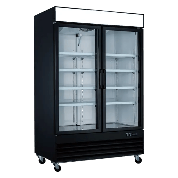D1.2BM2F-HC two glass door display freezer showcasing spacious interior for organized frozen food storage.