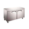 UUC48R Two Solid Door Under Counter Cooler 48 inch with stainless steel finish and rolling casters for easy mobility.