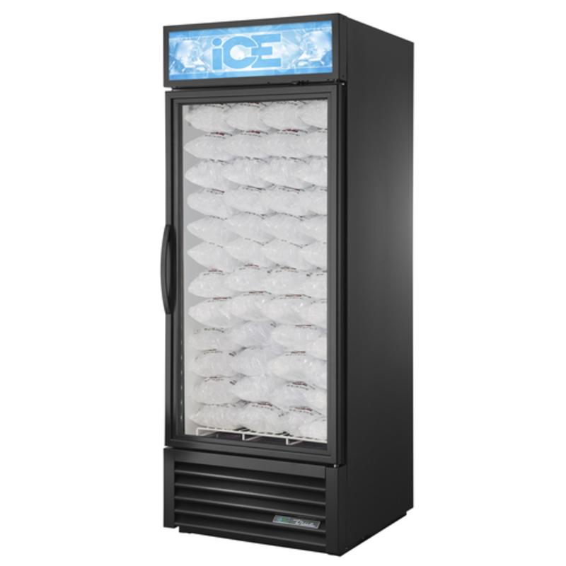 True GDIM-26NT-HC~TSL01 30-Inch Black 1-Section Glass Door Ice Merchandiser filled with ice bags.