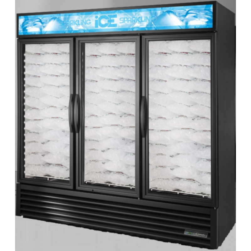 True GDIM-72NT-HC~TSL01 3-Door Glass Ice Merchandiser 170 Bag Capacity for retail ice sales.