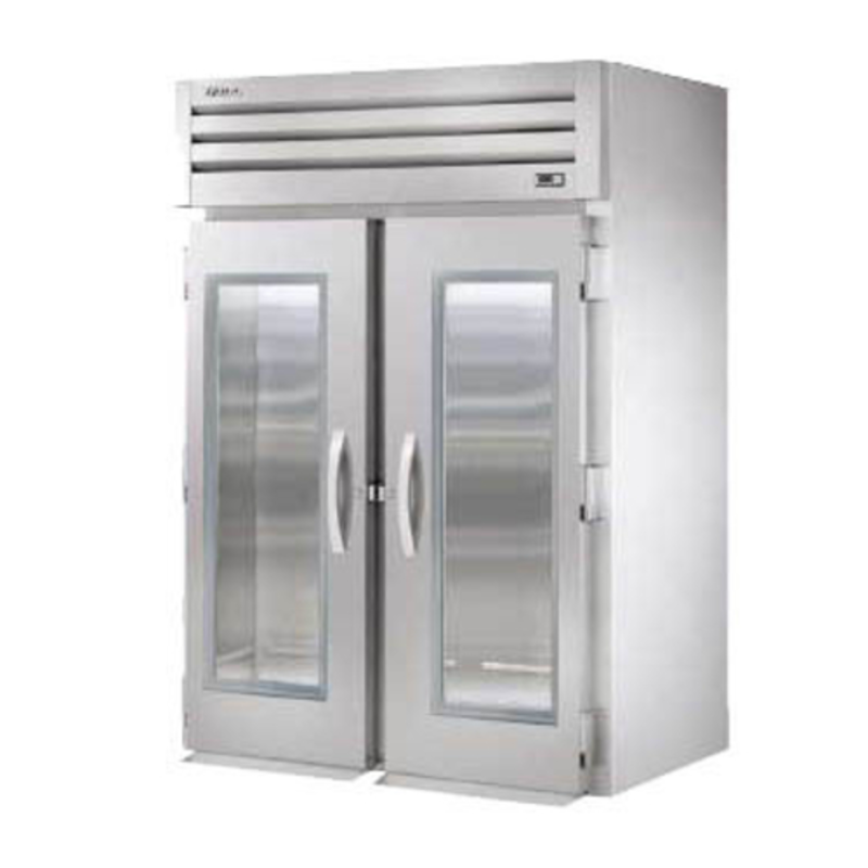 True STA2RRI-2G-HC roll-in glass door refrigerator with double-pane thermal glass doors for visibility.