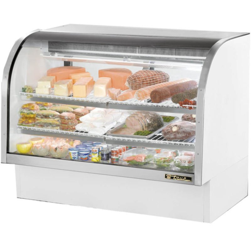 True TCGG-60-HC-LD 60-inch curved refrigerated deli display case showcasing meats, cheeses, and prepared salads.