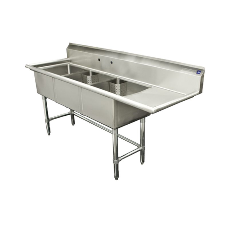 Thorinox TTS-1818-R18 74.5" Commercial 3-Compartment Sink with Right Drainboard